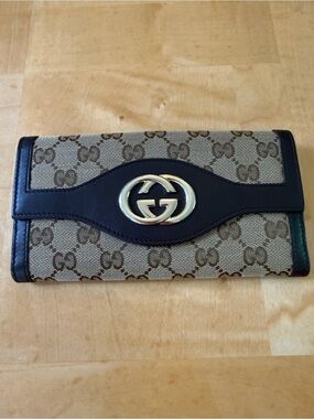 Gucci Beige/Brown GG Monogram Continental Wallet with Gold Hardware